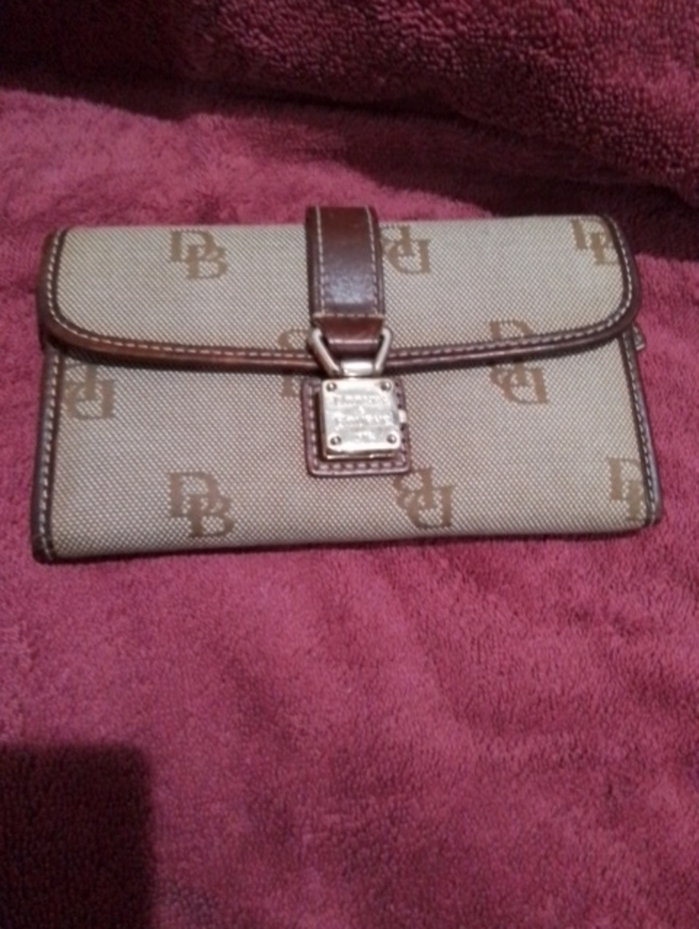 Dooney & Bourke Beige Canvas Monogram Clutch with Brown Trim